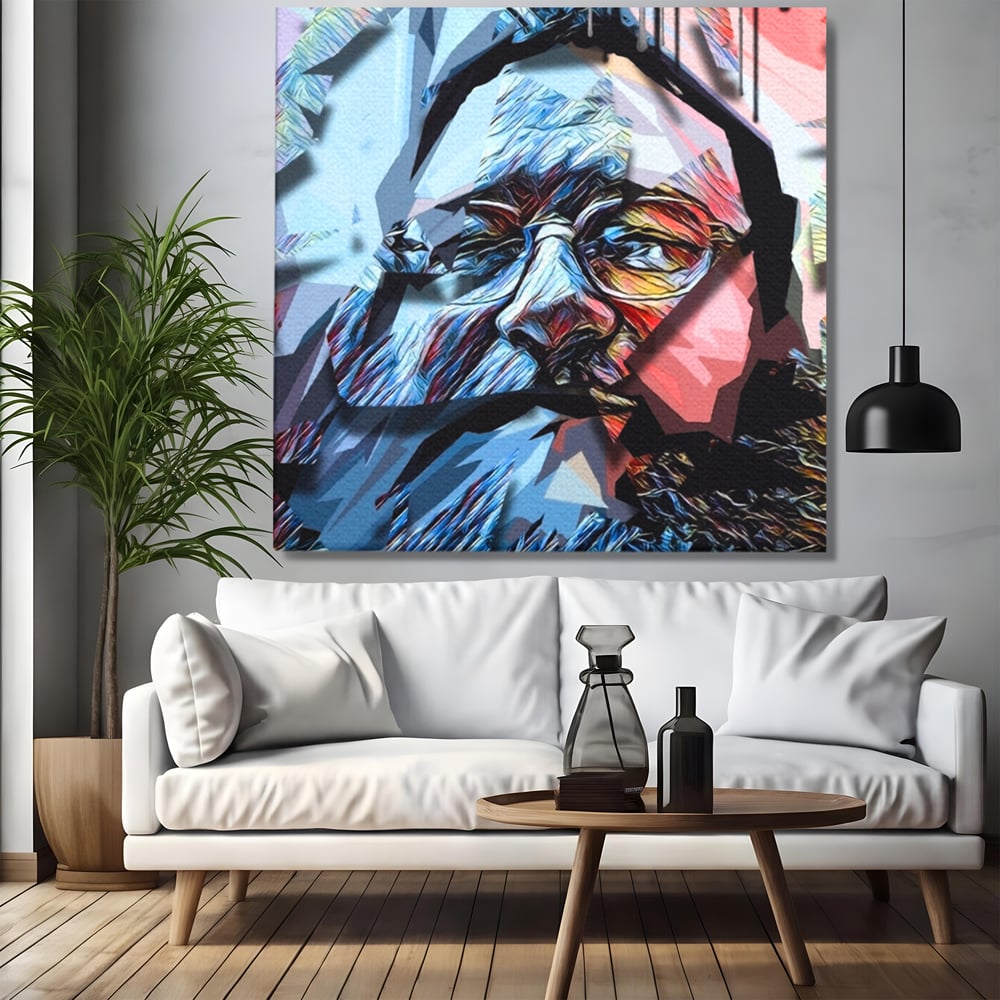 Tablou canvas cu tablou canvas cu chip abstract, fara rama, pe sasiu de lemn, pe perete intr-un living